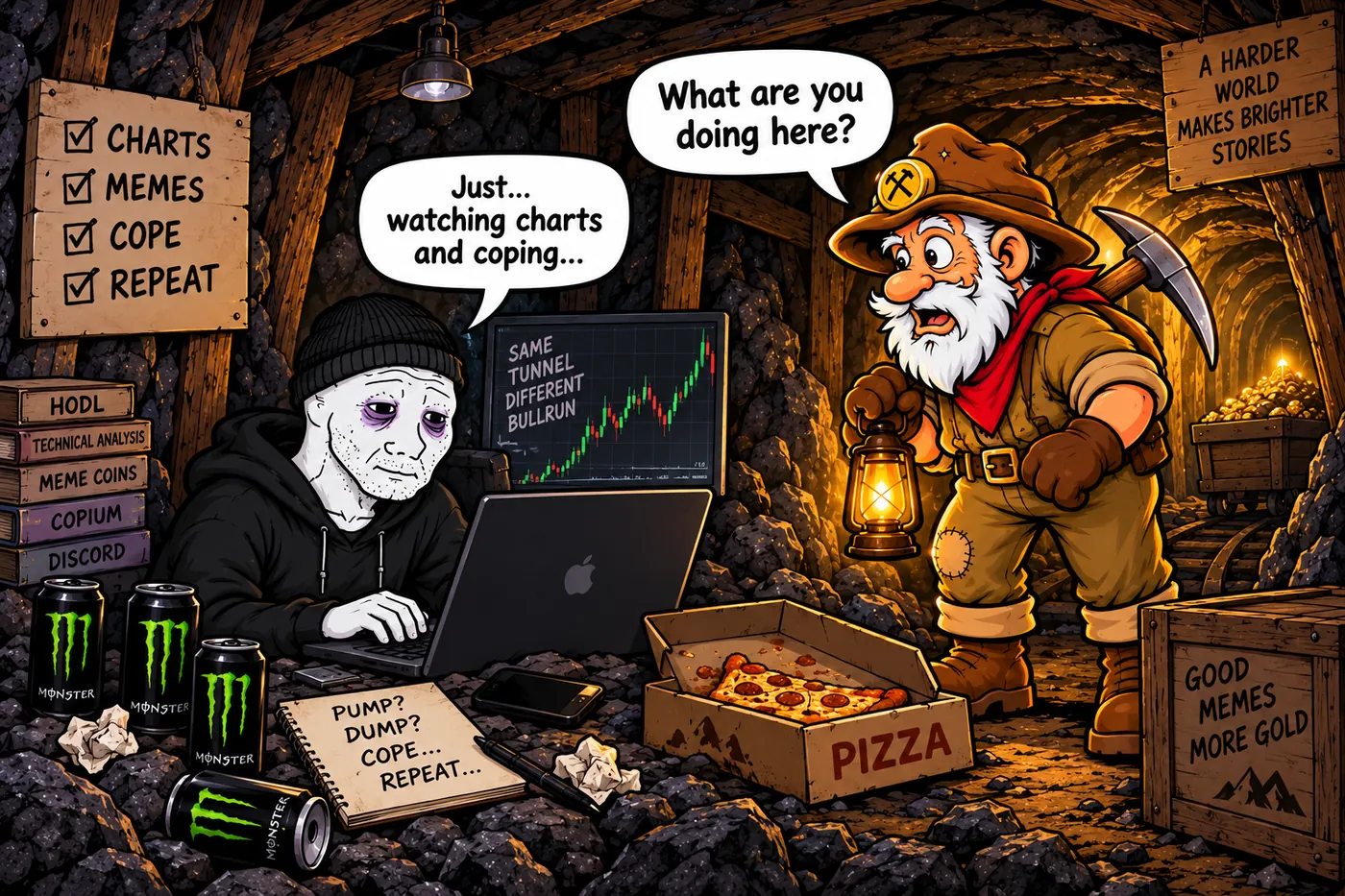 Old Jim finds a trader watching charts in the mine