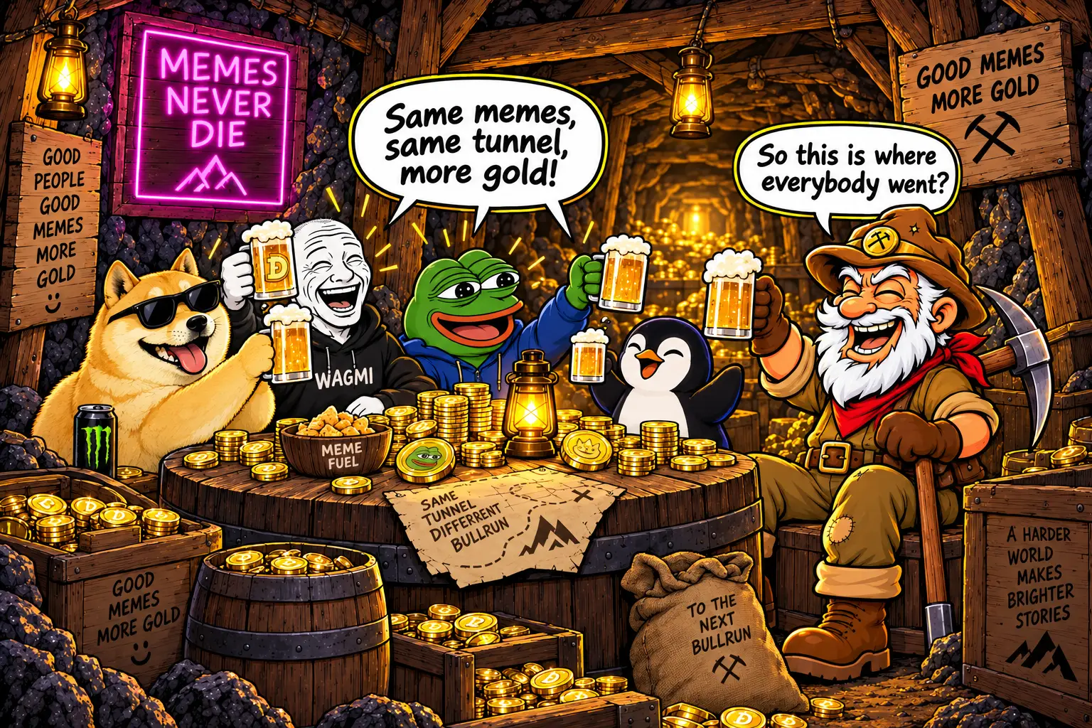 Old Jim raising a beer with Doge, Pepe, Wojak and a penguin around a table piled with gold coins