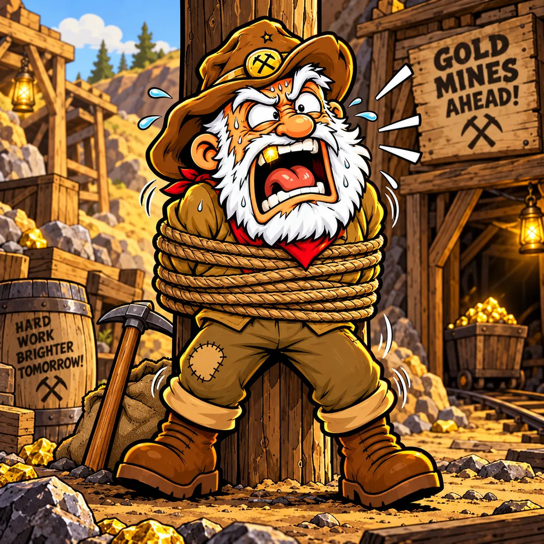 Old Jim tied to a wooden post outside the gold mine, shouting