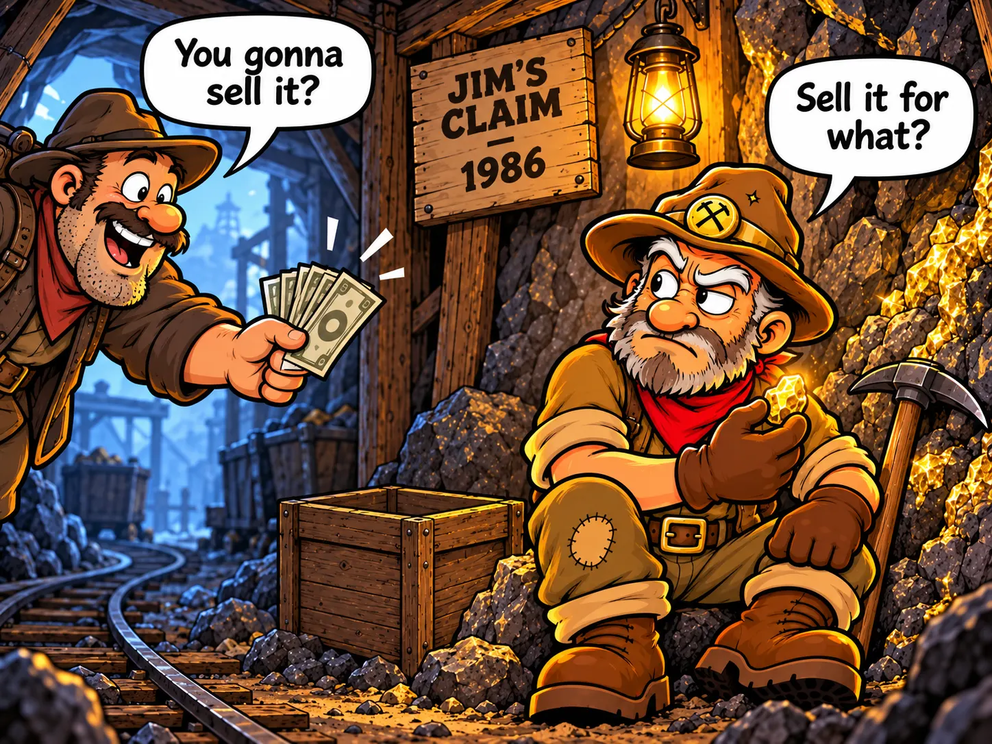 A younger Old Jim holding his first gold nugget while an eager buyer offers him cash in 1986
